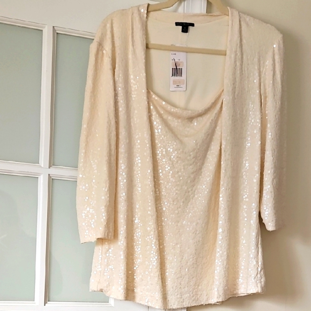 Lafayette 148 NY 1X Cream Silk Top w/ Cream Sequins NWT